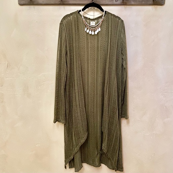 O’Neill Crochet Olive Long Open Cardigan w/ Side Slits-L - Picture 6 of 7